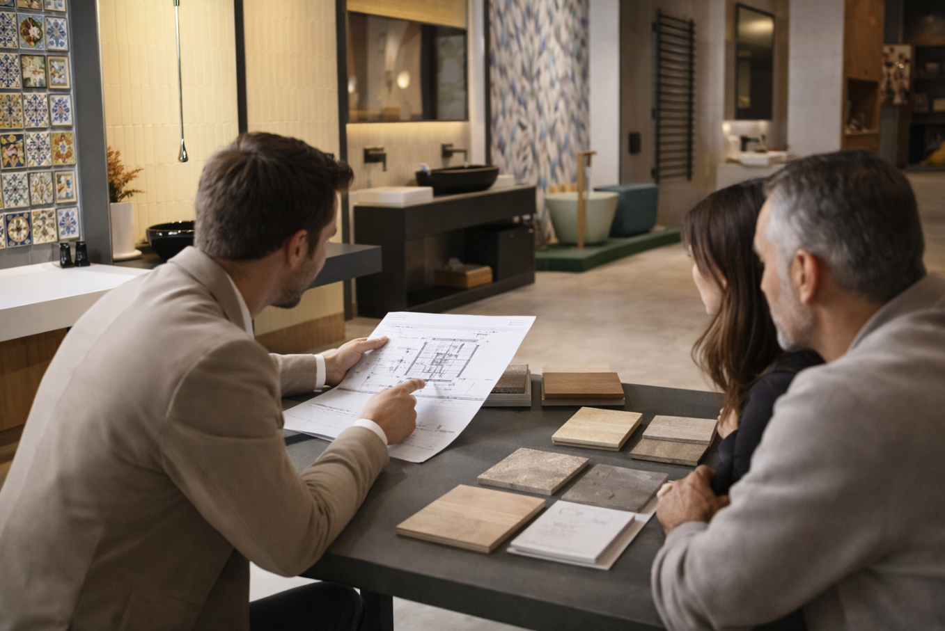 Consultation de projet dans un showroom de salle de bain haut de gamme